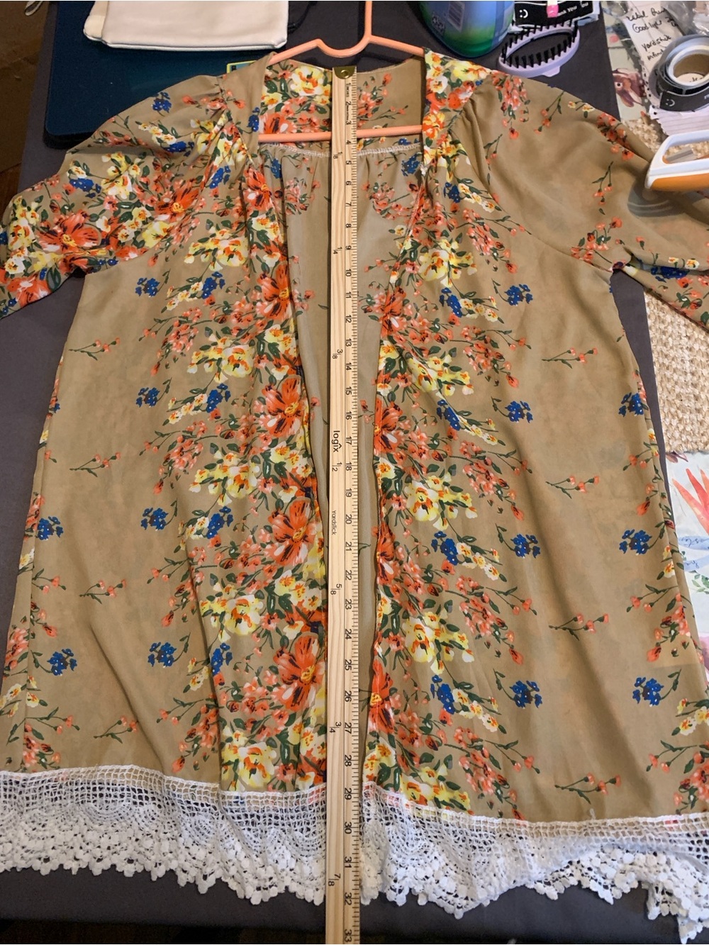 Women’s M Floral Crochet Trim Kimono Cardigan - Tan - Picture 5 of 6